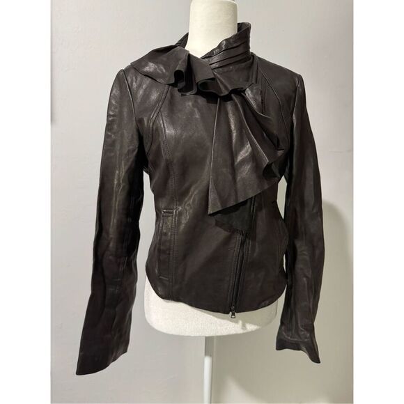 Diane Von Furstenburg 100% Leather Ruffle moto jacket 10 - Picture 2 of 13